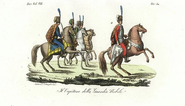 Captain of the Hungarian Guards, 18th century. Handcoloured copperplate engraving by Giarre and Stanghi from Giulio Ferrario's Costumes Ancient and Modern of the Peoples of the World, 1847