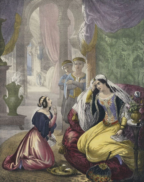 The captive Hebrew maid that waited on Naamans wife (coloured engraving)