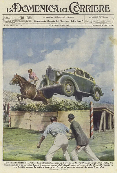 A car and a horse jump a hurdle at a racecourse in New Orleans (colour litho)