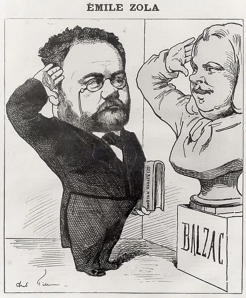 Caricature of Emile Zola (1840-1902) Saluting a Bust of Honore de Balzac (1799-1850) 1878