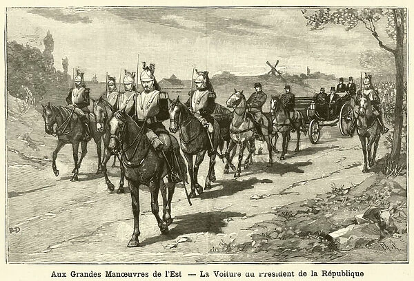The carriage of the President of France at the French Armys grand manoeuvres (engraving)