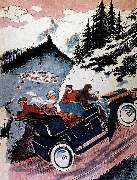 Cartoon of a car climbing a steep mountain road as a train [passes below. French 1905