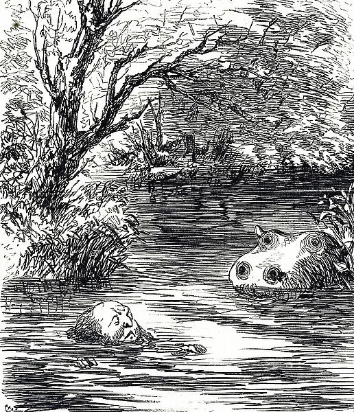 Cartoon commenting on the arrival of the new hippopotamus at Zoological Society in Regent's Park, London, 19th century