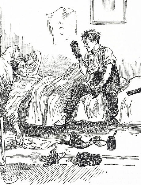 Cartoon depicting a boot-boy in a small private hotel room, 19th century
