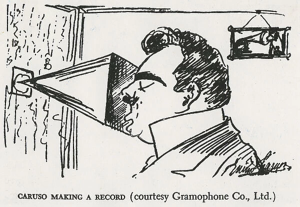 Caruso making his first gramophone recording, 1902 (drawing)