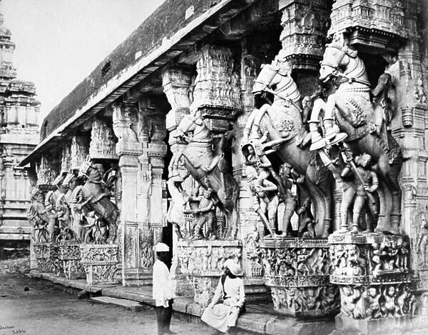 Carved Horse Pillars in Ranganatha Temple, Srirangam, 1869 (b  /  w photo)