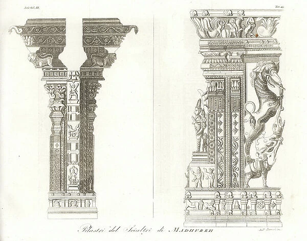 Carved pillars in the Thirumalai Nayak Palace, ancient residence of Raja Raja Thirumalai sowri at Madurai, India. Copperplate drawn and engraved by Andrea Bernieri from Giulio Ferrario's Ancient and Modern Costumes of all the Peoples of the World