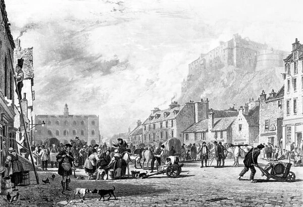 The Castle from the Grass Market, Edinburgh, etched by George Cooke and Henry Le Keux