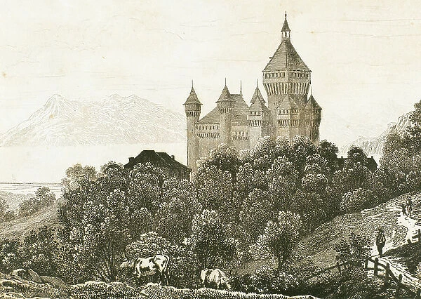 Castle of Wuflens, near Geneva lake (Switzerland), engraving by Rouargue