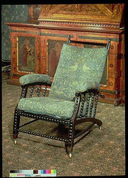 Chair by William Morris, upholstered in original Bird woollen tapestry, c
