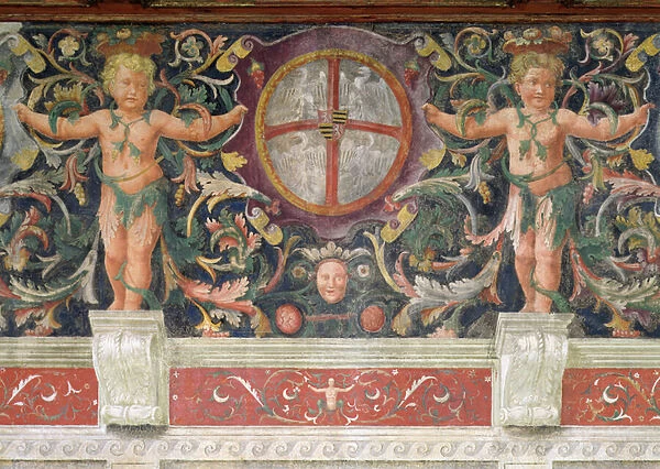 Chamber of the Devices, Putti presenting Arms of Gonzaga, 1528 (fresco)