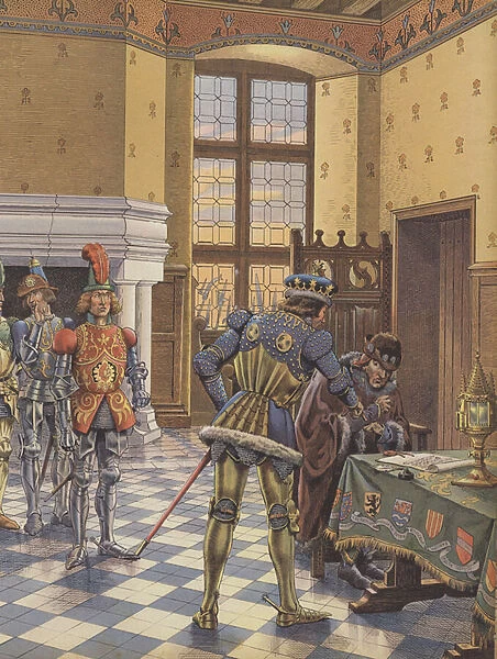 Charles the Bold, Duke of Burgundy, lays a treaty before King Louis XI and demands that he sign it (colour litho)