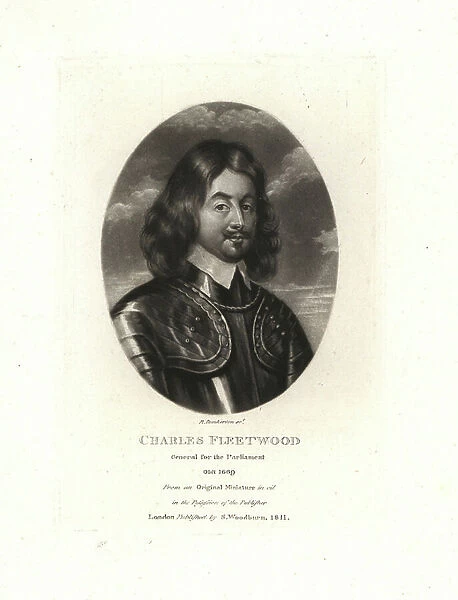 Charles Fleetwood, Parliamentary general in the English Civil War, Lord Deputy of Ireland, died 1669. Copperplate mezzotint by Robert Dunkarton after an original miniature painting from Samuel Woodburn's Portraits of Characters Illustrious in