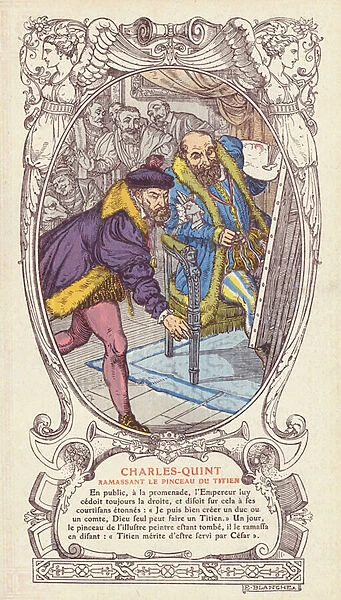 Charles V picking up Titians paintbrush after he dropped it while working on a portrait of the Emperor (colour litho)