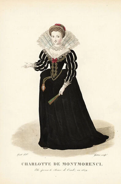 Charlotte de Montmorenci, wife to Henri de Bourbon, Prince of Conde, 1594-1650. She wears her hair tied up with ribbons, an upright lace collar, pearl necklaces, dress with embroidered corset, slashed sleeves