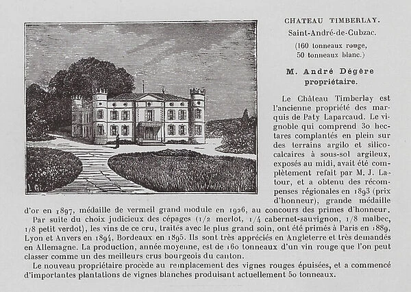 Chateau Timberlay, Saint-Andre-de-Cubzac, 160 tonneaux rouge, 50 tonneaux blanc, M Andre Degere, proprietaire (b / w photo)