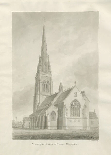 Cheadle - Roman Catholic Church (St Giles ): sepia wash drawing, 1847 (drawing)