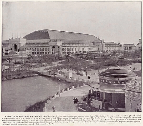 Chicago Worlds Fair, 1893: Manufactures Building and Wooded Island (b  /  w photo)