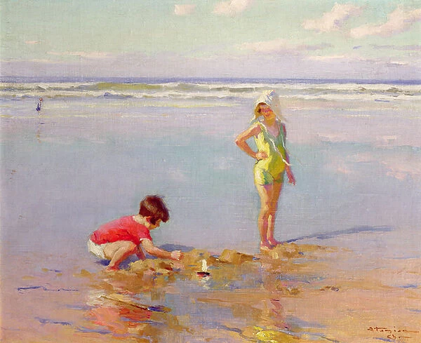 Children on the Beach (oil on canvas)