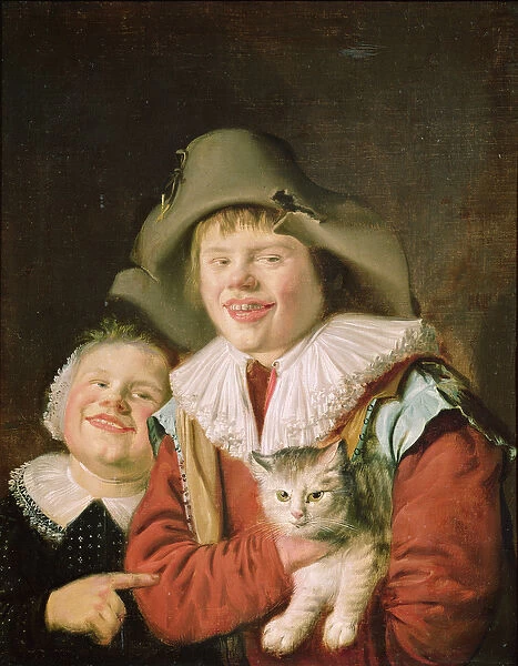 Children Playing with a Cat (oil on canvas)