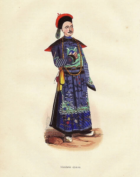 Chinese Mandarin - Chinese mandarin in heavily embroidered tabard and hat with peacock feather - Handcoloured woodcut by Pannemaker after an illustration by H