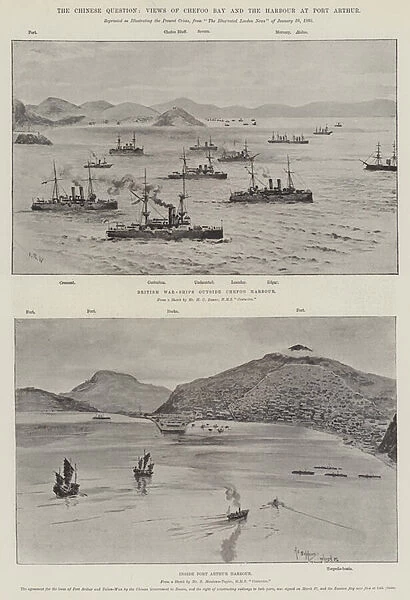 The Chinese Question, Views of Chefoo Bay and the Harbour at Port Arthur (litho)