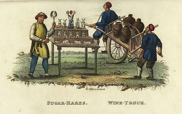Chinese seller of sugar hares or mooncakes at the 4th moon, and truck to carry Chinese wine, beer brewed from millet, Qing Dynasty. Handcoloured copperplate engraving by Andrea Freschi after Antoine Cardon from Henri-Leonard-Jean-Baptiste Bertin