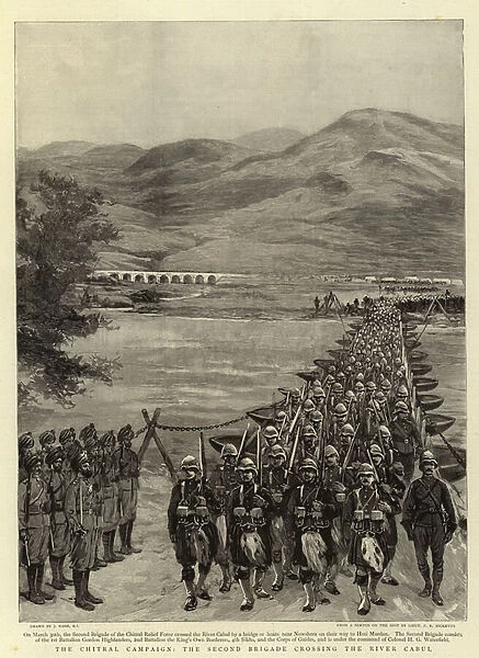 The Chitral Campaign, the Second Brigade crossing the River Cabul (engraving)