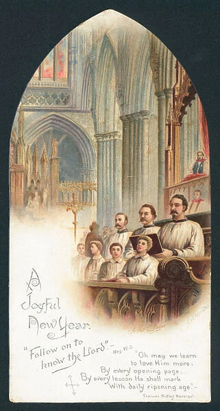 Choir singing in church, New Year Card (chromolitho)