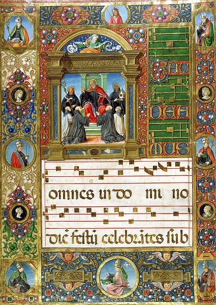 Choral miniature with St. Benedict preaching to monks (pigment on vellum)