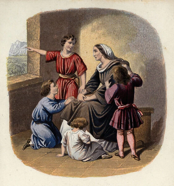 Christiana and her children, an illustration from from The Pilgrims Progress by John Bunyan (colour litho)