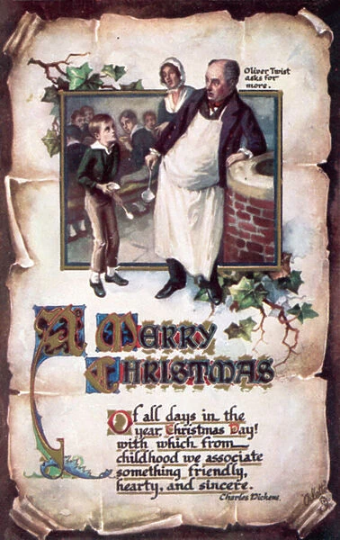 Christmas card with scene from Oliver Twist (colour litho)
