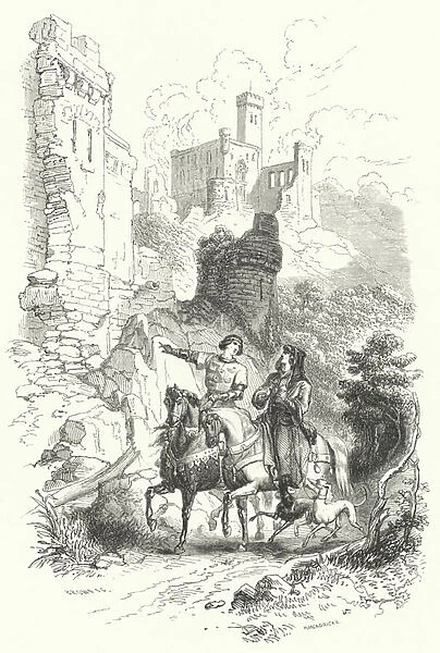 The chronicler Jean Froissart visiting the ruins of an old castle (engraving)