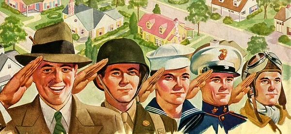 Civilian Saluting with Members of American Armed Forces, 1943 (screen print)