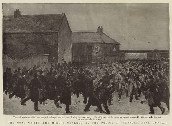 The Coal Crisis, the Miners charged by the Police at Hebburn, near Durham (engraving)
