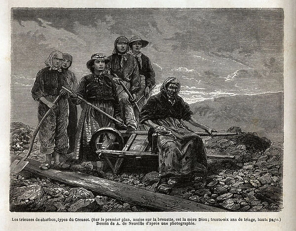 The coal sorters, type of Creusot; in the foreground, sitting on the wheelbarrow