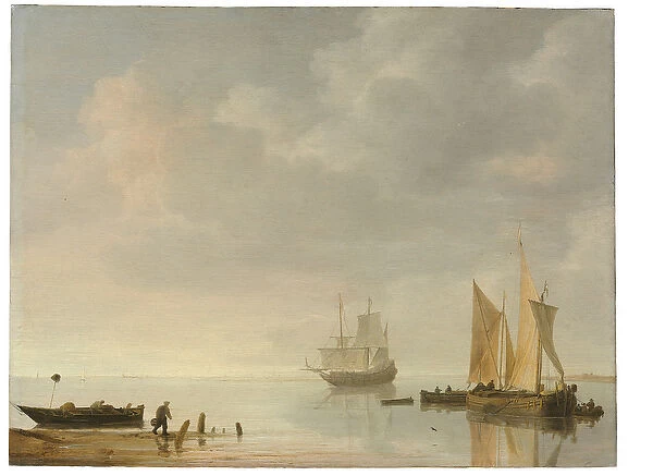 Coastal scene with ships resting on calm waters (oil on panel)