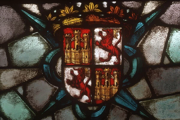 A coat of arms depicting two castles and two rampant lions (stained glass)