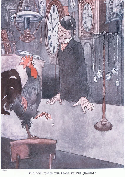The cock takes the pearl to the jeweller, 1930s (colour litho)