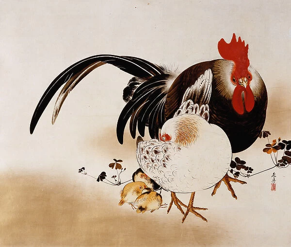 Cockerel, Hen and Chicks, 1892 (hanging scroll, colored lacquer on prepared paper')