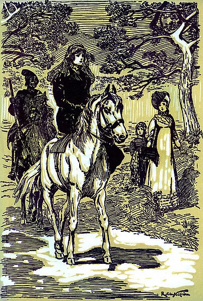 Colomba in her mourning dress, on horseback, followed by a Corsican peasant, 1940 (illustration)