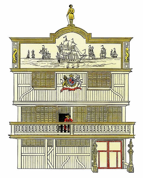 Colonial architecture: facade of the former British East India House. Engraving of the 19th century