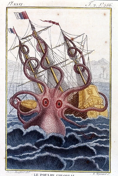 Colossal octopus (octopus, giant squid, kraken) attacking a ship (ship