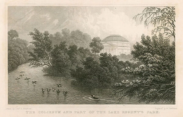 The Colosseum, Regents Park, London, and part of the lake (engraving)