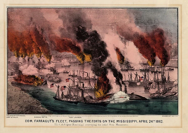 Com. Farraguts fleet, passing the forts on the Mississippi, April 24th 1862, pub