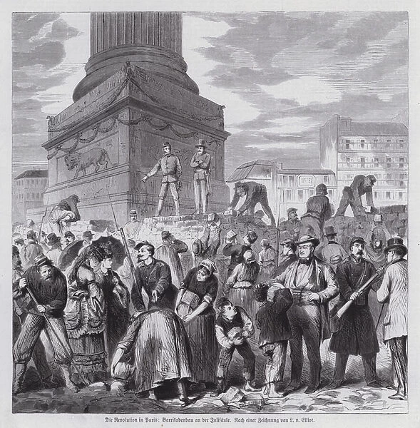 Communards constructing barricades around the July Column on the Place de la Bastille, Paris Commune, 1871 (engraving)