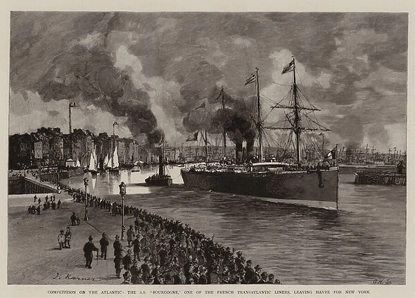 Competition on the Atlantic, the SS 'Bourgogne, 'one of the French Transatlantic Liners, leaving Havre for New York (engraving)