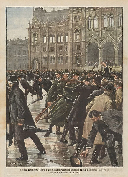 The serious conflict between Austria and Hungary, the Hungarian Parliament dissolved and cleared of troops (colour litho)