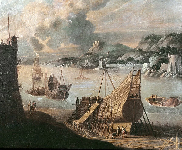 Construction of a galleon in a Genoese shipyard (painting, 17th century)