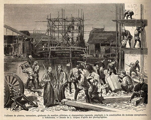 A construction site for a European house in Edo (Tokyo) with stone cutters, terrassiers